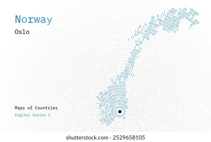 Um mapa da Noruega representado em zeros e uns na forma de um círculo. A capital, Oslo, está no centro do círculo	
