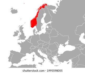 Map of Norway in Europe on white
