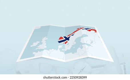 Mapa de Noruega con la bandera de Noruega en el contorno del mapa en un contexto abstracto de viaje. Ilustración de viaje.