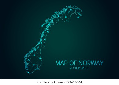 Map of Norway - With glowing point and lines scales on the dark gradient background, 3D mesh polygonal network connections.Vector illustration eps 10.