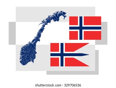 Map of Norway with lakes and rivers and two Norwegian flags - Civil flag and ensign (rectangle) and State and war flag, state and naval ensign (swallowtail). Flags has a proper design and colors.