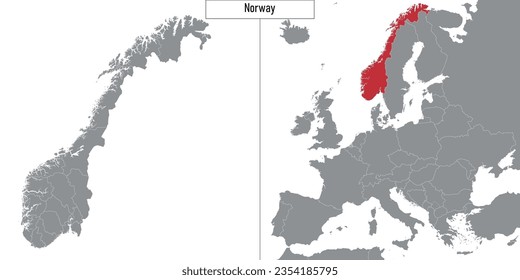 map of Norway and location on Europe map. Vector illustration