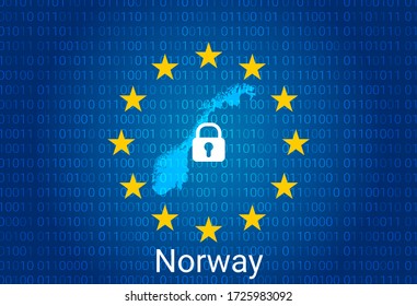 Map of Norway, with lock and binary code background. europe union internet blocking, virus attack, privacy protect. vector illustration