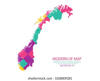 Map of Norway - Modern Geometric dots and lines background, colorful carving art - blue, yellow and violet. Vector illustration eps 10.