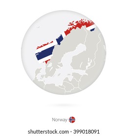 Map of Norway and national flag in a circle. Norway map contour with flag. Vector Illustration.