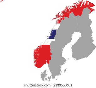 Map of Norway with national flag within the gray map of Scandinavian peninsula countries