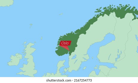 Map of Norway with pin of country capital. Norway Map with neighboring countries in green color.
