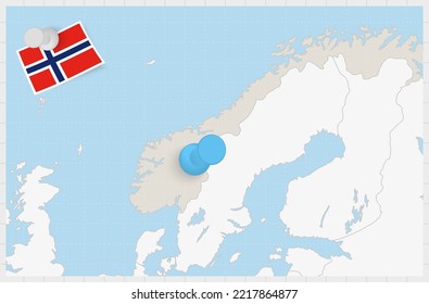 Mapa de Noruega con un pin azul. Bandera enclavada de Noruega, ilustración vectorial.