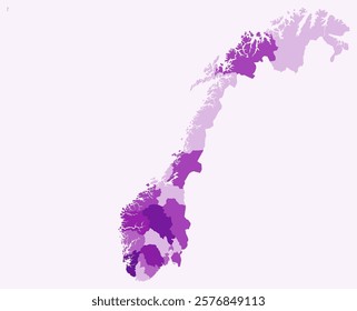 Map of Norway with regions. Just a simple country border map with region division. Purple color palette. Flat Norway shape with administrative division. Vector illustration.