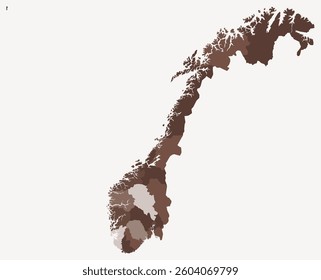 Map of Norway with regions. Just a simple country border map with region division. Brown color palette. Plain Norway shape with administrative division. Vector illustration.