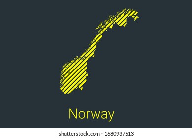 Mapa de Noruega, mapa a rayas en una franja negra sobre un fondo amarillo para infografías de coronavirus y marcadores y restricciones de área de cuarentena. ilustración vectorial