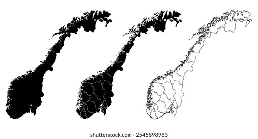 Mapa de Noruega en tres estilos: negro sólido, divisiones regionales y contorno.