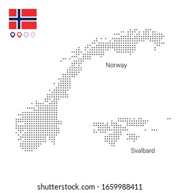 Map of Norway vector, dotted with flag and map marker. Vector illustration. Web design, wallpaper, flyers, footage, posters, brochure, banners.