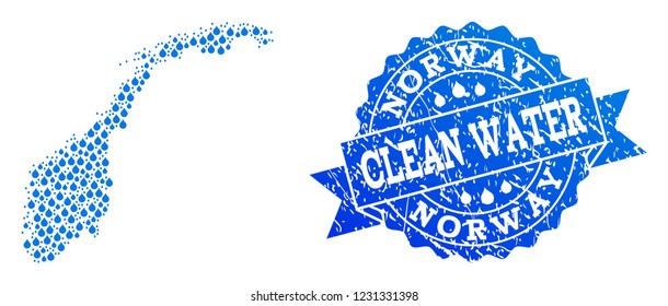 Map of Norway vector mosaic and clean water grunge stamp. Map of Norway created with blue aqua drops. Seal with retro rubber texture for pure drinking water.