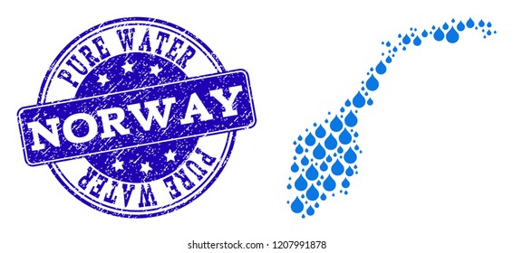 Map of Norway vector mosaic and Pure Water grunge stamp. Map of Norway composed with blue liquid dews. Seal with distress rubber texture for clean drinking water.