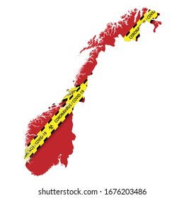 Map of Norway with warning quarantine yellow tape. Danger coronavirus Banner