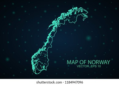Map Norway. Wire Frame 3D mesh polygonal network line, design sphere,Norway map on dark background. Vector illustration eps 10.