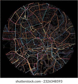 Map of Nottingham, East Midlands with all major and minor roads, railways and waterways. Colorful line art on black background.