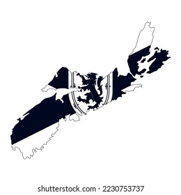 The map of the Nova Scotia province with its official flag in black and white color isolated on white background. Vector illustration