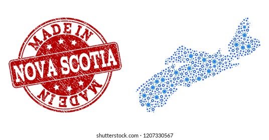 Map of Nova Scotia Province vector mosaic and Made In grunge stamp. Map of Nova Scotia Province created with blue gear connections. Made in red seal with grunge rubber texture.