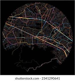 Map of NovaIguacu with all major and minor roads, railways and waterways. Colorful line art on black background.