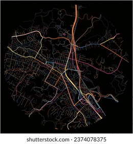Map of Novato, California with all major and minor roads, railways and waterways. Colorful line art on black background.