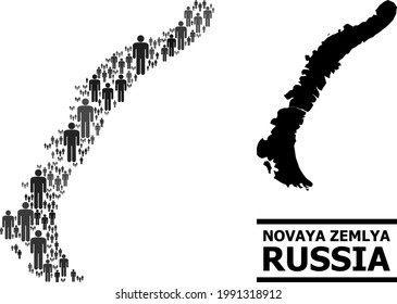 Map of Novaya Zemlya Islands for social promotion. Vector population collage. Composition map of Novaya Zemlya Islands constructed of population icons. Demographic scheme in dark gray color tinges.