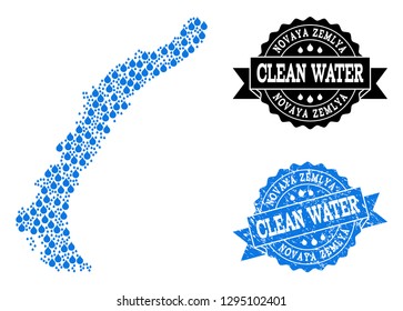Map of Novaya Zemlya Islands vector mosaic and clean water grunge stamp. Map of Novaya Zemlya Islands formed with blue liquid dews. Seal with grunge rubber texture for clean drinking water.