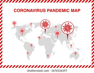 Map of Novel coronavirus COVID-19. NCov pandemic world map with geotags. Statistics of patients with coronavirus. Spread of the virus on the planet. Vector illustration