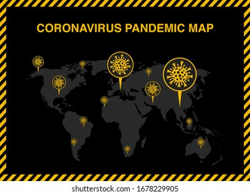 Map of Novel coronavirus COVID-19. NCov pandemic world map with geotags. Statistics of patients with coronavirus. Spread of the virus on the planet. Vector illustration