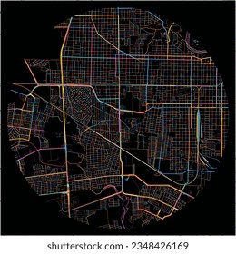 Map of NuevoLaredo, Tamaulipas with all major and minor roads, railways and waterways. Colorful line art on black background.