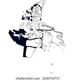 The map of the Nunavut territory with its official flag in black and white color isolated on white background. Vector illustration