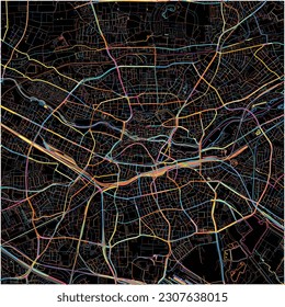Map of Nurnberg, Bavaria with all major and minor roads, railways and waterways. Colorful line art on black background.