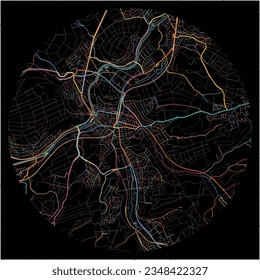 Map of Nurtingen, Baden-Wuerttemberg with all major and minor roads, railways and waterways. Colorful line art on black background.