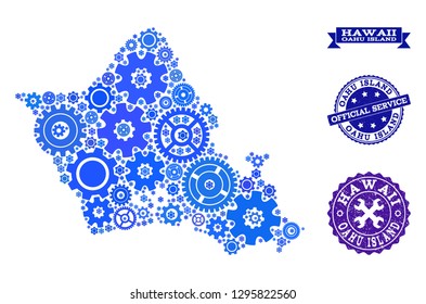 Map of Oahu Island created with blue wheel symbols, and isolated scratched seals for official repair services. Vector abstract collage of map of Oahu Island with industry symbols in blue hues.