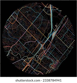 Map of Oakville, Ontario with all major and minor roads, railways and waterways. Colorful line art on black background.