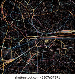 Map of Oberhausen, North Rhine-Westphalia with all major and minor roads, railways and waterways. Colorful line art on black background.