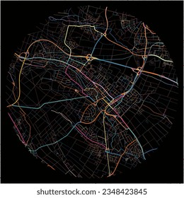 Map of OberurselTaunus, Hesse with all major and minor roads, railways and waterways. Colorful line art on black background.