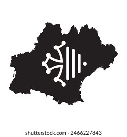 Map of Occitania province with its official flag in white and black color. Vector illustration