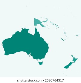 Map of Oceania with countries. Just a simple continent border map with country division. Teal color palette. Plain Oceania shape with administrative division. Vector illustration.