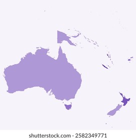 Map of Oceania with countries. Just a simple continent border map with country division. Deep purple color palette. Blank Oceania shape with administrative division. Vector illustration.