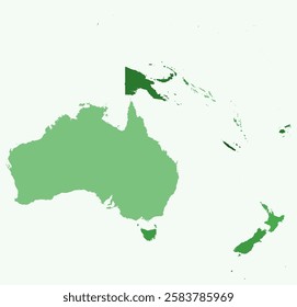 Map of Oceania with countries. Just a simple continent border map with country division. Green color palette. Flat Oceania shape with administrative division. Vector illustration.