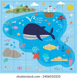 map with ocean,whale,islands,vector simple cartoon flat illustration
