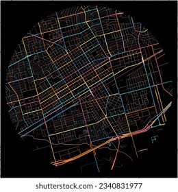 Map of Odessa, Texas with all major and minor roads, railways and waterways. Colorful line art on black background.