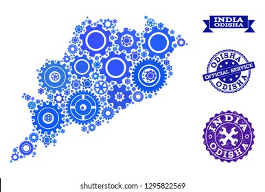Map of Odisha State composed with blue cog symbols, and isolated scratched stamps for official repair services. Vector abstract mosaic of map of Odisha State with work symbols in blue hues.