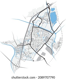 Map off the South-Holland village of Oegstgeest in the Netherlands. Line illustration in 3 colours.