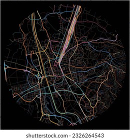 Map of Offenburg, Baden-Wuerttemberg with all major and minor roads, railways and waterways. Colorful line art on black background.