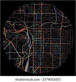 Map of Ogden, Utah with all major and minor roads, railways and waterways. Colorful line art on black background.