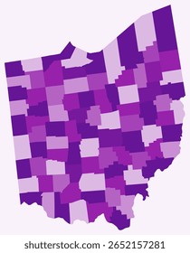 Map of Ohio with counties. Just a simple state border map with county division. Purple color palette. Plain State of Ohio shape with administrative division. Vector illustration.