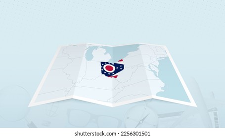 Map of Ohio with the flag of Ohio in the contour of the map on a trip abstract backdrop. Travel illustration.